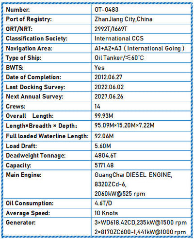 2012 Built 4800 DWT Oil Tanker For Sale