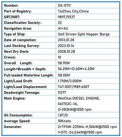 2013 Built 1150 DWT Self Driven Split Hopper Barge For Sale