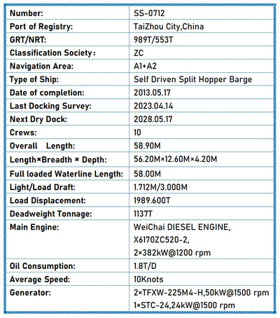 2013 Built 1150 DWT Self Driven Split Hopper Barge For Sale