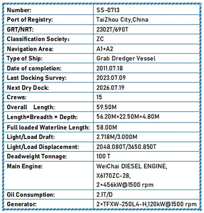2011 Built 100 DWT Grab Dredger Vessel For Sale