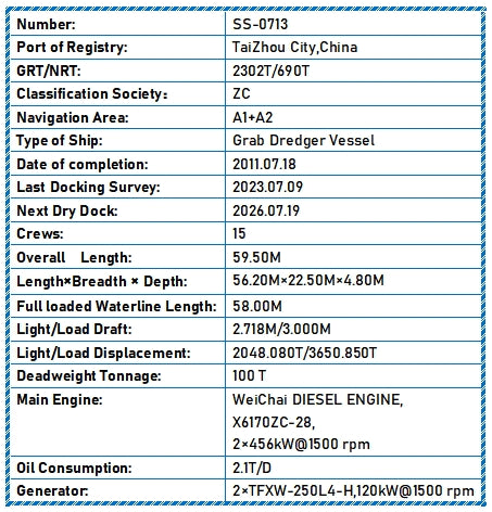 2011 Built 100 DWT Grab Dredger Vessel For Sale