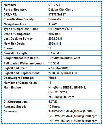 2012 Built 7100 DWT Oil Tanker For Sale