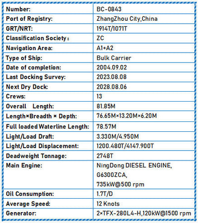 2004 Built 3000 DWT Bulk Carrier For Sale