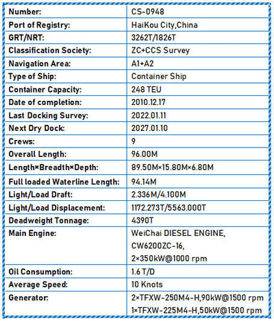 2010 Built 4400 DWT 248 TEU Container Ship For Sale