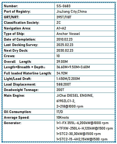 2010 Built 200 DWT Anchor Vessel For Sale Detail 1
