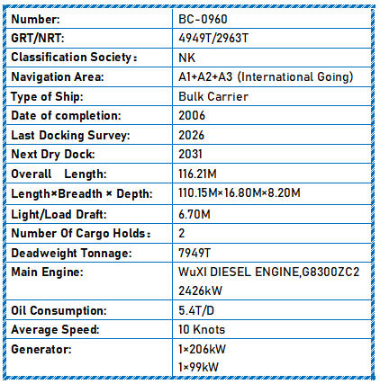 2006 Built 8000 DWT Bulk Carrier For Sale Detail 3