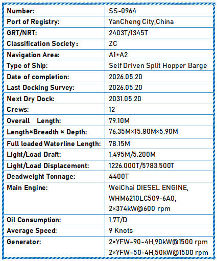 2026 Built 4400 DWT Self Driven Split Hopper Barge For Sale Detail 1